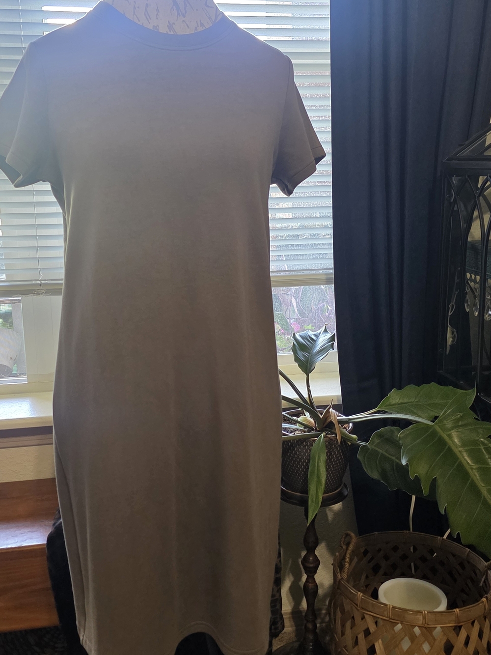 SPANX Short-Sleeve Midi Crewneck Dress in Taupe